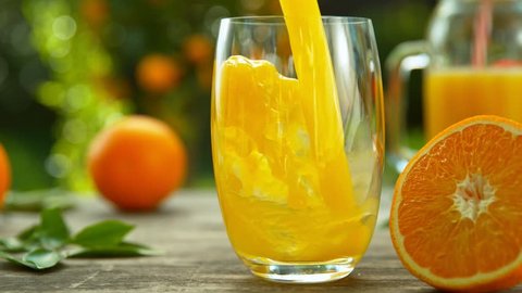 Super Slow Motion Shot of Fresh Orange Juice Being Poured in a Glass at 1000fps.