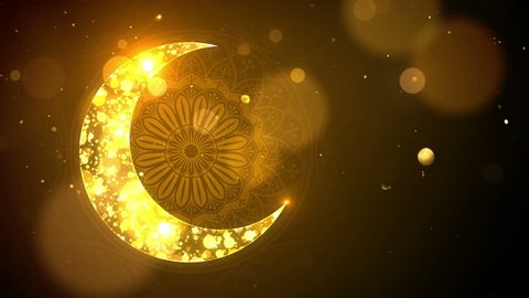 Islamic Eid Mubarak Ramadan background with crescent moon and bokeh loop.