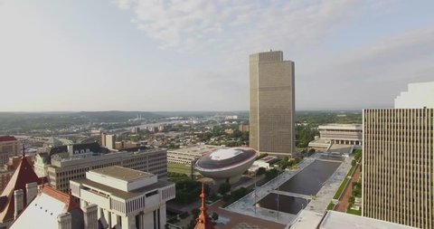 Aerial pan down of state capitol building Albany, New York
