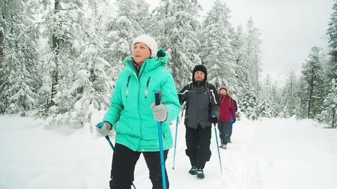 Family Hiking In WInter: Adult Parents With Their Children Walking Hiking Trail Through Snow Forest. Active Lifestyle, Senior Travel. Trekking Wintry Woods. 