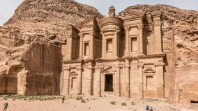Time lapse video of Ad Deir also known as the Monastery, a monumental building carved out of rock in the ancient city of Petra, one of the new seven wonders of the World. 
