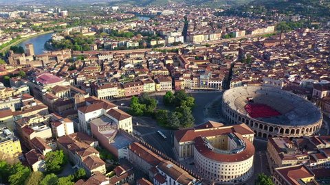 Aerial drone video from iconic Arena and City Hall in Bra square of beautiful city of Verona, Veneto, Italy