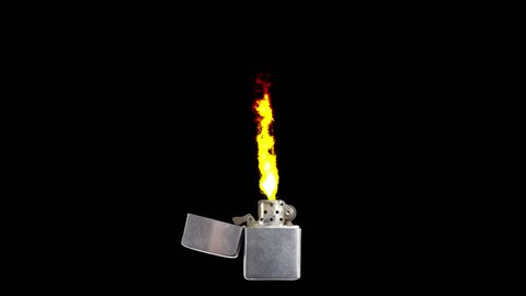 Isolated, old school Zippo lighter animation with huge flame