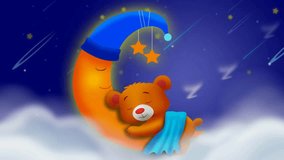 cute bear cartoon sleeping on moon, best loop video screen background for lullaby to put a baby to sleep, calming relaxing