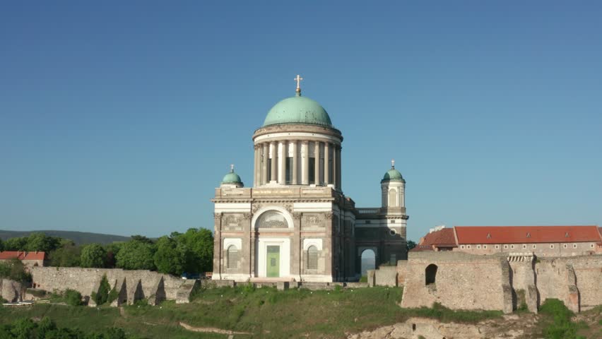 Esztergom Roman Catholic Basilica next to River Danube in summer, Hungary, Europe aerial landscape 4K stock video 