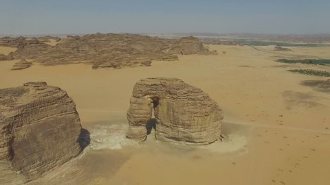 Aerial drone footage of Elephant Rock in Saudi Arabia