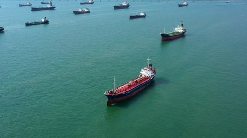 Oil terminal port, Aerial view of the tanker carrying the LPG and oil tanker in the sea port, Business commercial trade logistic import export power and energy transportation by tanker vessel ship, 4K