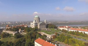 Esztergom Roman Catholic Basilica next to River Danube in summer, Hungary, Europe aerial landscape 4K stock video 