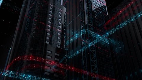 3d render technology background. Abstract skyscrapers with code around them. Wireframe structure and binary code around reflective buildings.
