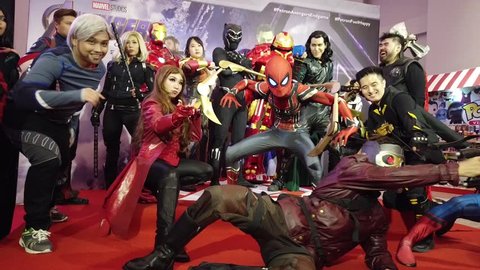 Kuala Lumpur, Malaysia 24 April 2019 : Marvel superheroes posing at the premier Marvel Studio Avengers Endgame in MBO Cinema in Kuala Lumpur.