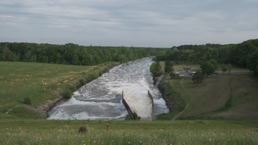 Water raging through the outlet structure of the Jordan Lake Dam, near Raleigh, NC. The upstream reservoir supplies fresh water to all of Wake County, and surrounding municipalities
