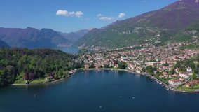 Aerial drone video of iconic village of Lenno in lake Como one of the most beautiful and deepest in Europe, Lombardy, Italy