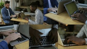 Collage of medium and close up shots of serious mixed-race handsome man with beard and concentrated Afro-american man sitting in cafe, working together, typing on laptop. Freelance, work concept