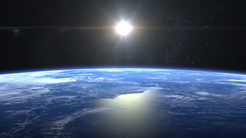 Earth from space. Stars twinkle. Flight over the Earth. 4K. Sunrise. The earth slowly rotates. Realistic atmosphere. Volumetric clouds. The sun is in the frame. The camera moves forward. | Shutterstock HD Video #1028500415