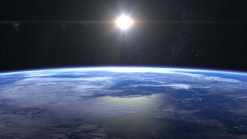 Earth from space. Stars twinkle. 4K. Sunrise. The earth slowly rotates. Realistic atmosphere. Volumetric clouds. The sun is in the frame. The camera flies to the right. | Shutterstock HD Video #1028500418