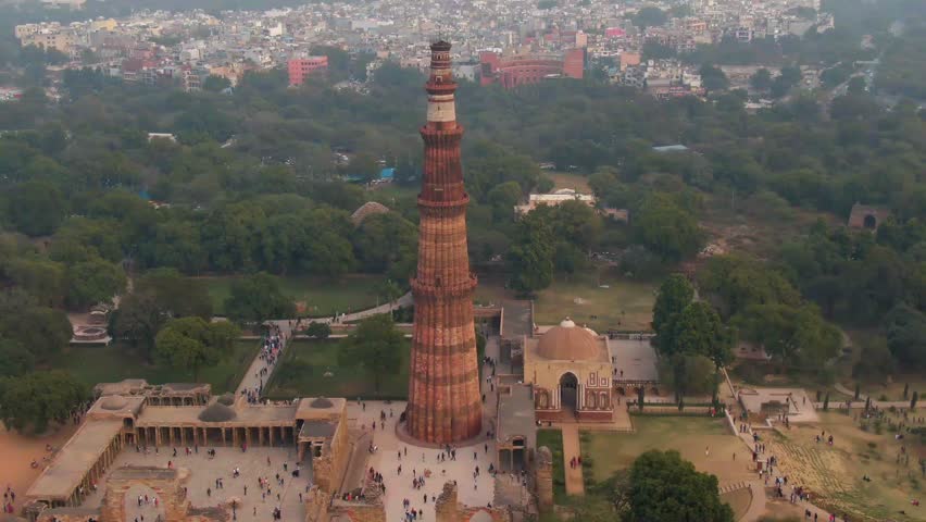 Ancient "Qutb Minar" mosque, India, Delhi, Aerial 4k drone footage