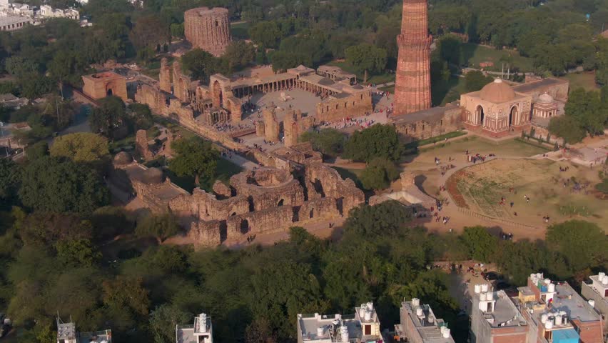 Ancient "Qutb Minar" mosque, India, Delhi, Aerial 4k drone footage