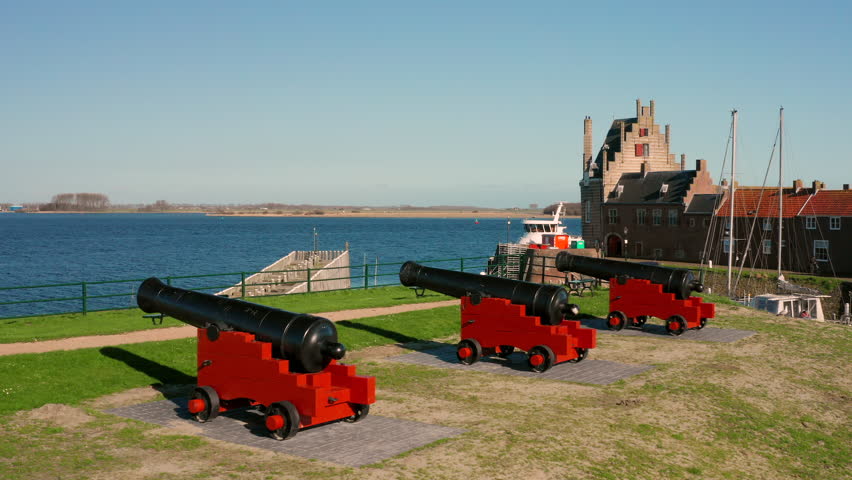 Aerial: Old canons in the historical town of Veere.
