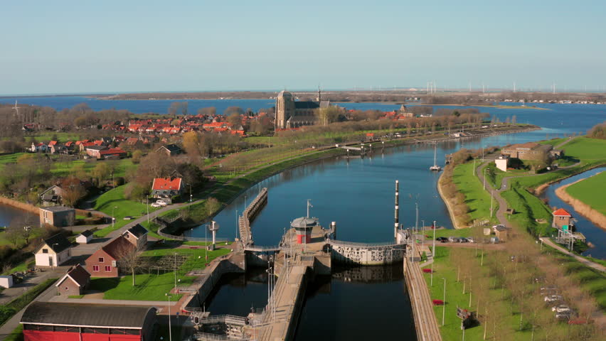 Aerial: The locks of the Canal through Walcheren, near the historical town Veere.