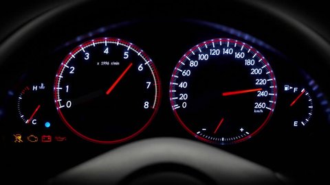 Demonstration of blinking functioning speedometer in car. Close up shooting of automobile control panel, dashboard. Light of indicators and icons during driving. Auto transport speedometer surface.