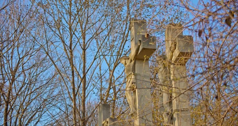 Stone crosses in the woods next to the chapel on Pannonhalma.