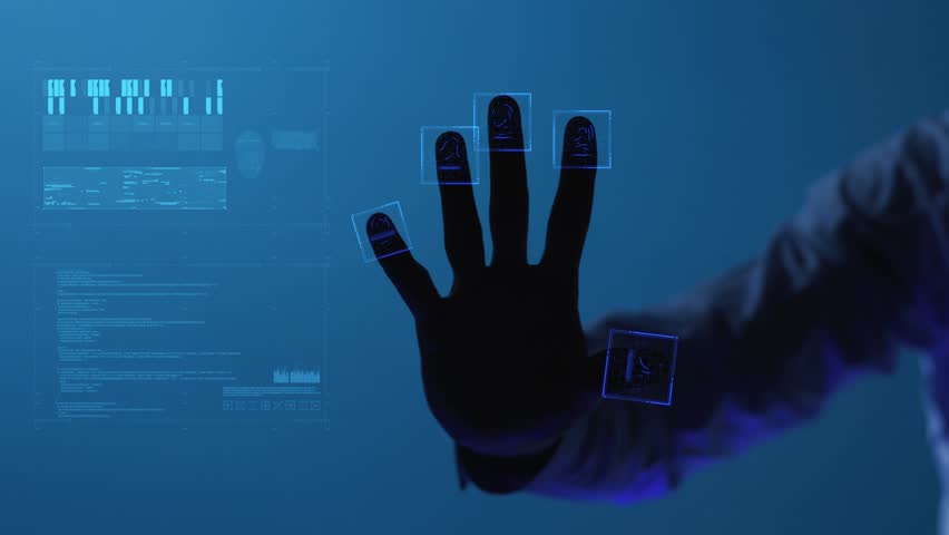 The digital world and technology. For digital applications and solutions. The person clicks on the fingerprint scanner, which is executed in the style of the digital future. Slowmotion. Shot on Arri | Shutterstock HD Video #1028530163