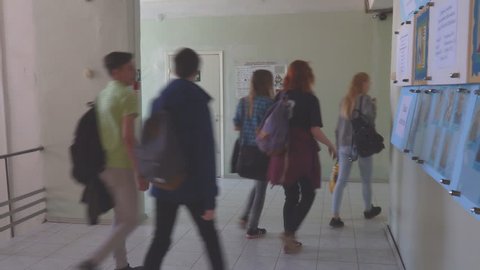 Chapaevsk, Samara region, Russia - April 17, 2019: College in Chapaevsk city. Students walk down the corridor of the College