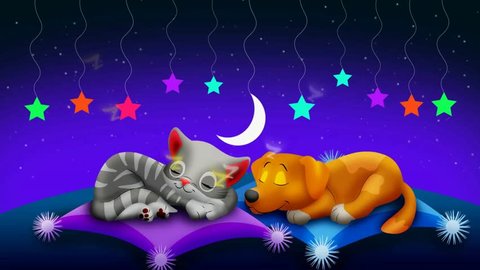 Dog and cat cartoon are sleeping together, best loop video background to put a baby to sleep calming and relaxing.