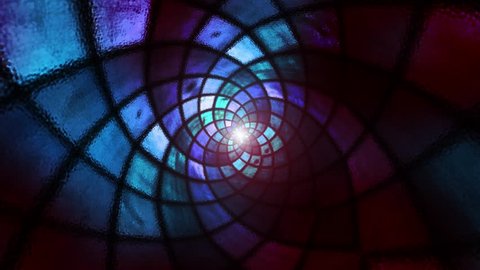 Dark colored abstract fractal stained glass motion background. 