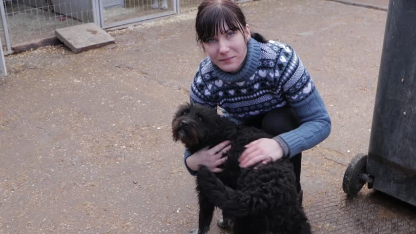 Girl playing with rescued puppies at the dog shelter