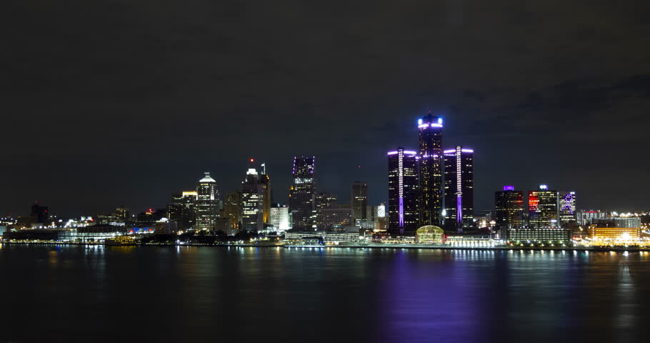 Detroit Timelapse At Night Downtown Skyline Across River
