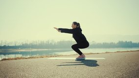 Young woman doing sports workout. 4K slow motion video. Woman running walking in outdoors park on sunny day, close-up legs sport shoes. Female exercising in the gym 