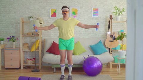 funny athletic man in the style of 80s home fitness workout humor