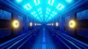 A futuristic tunnel in a spaceship with a spacewalk. Soft yellow-blue light, lamps on the walls of the corridor. Accelerating video. 3d Animation.