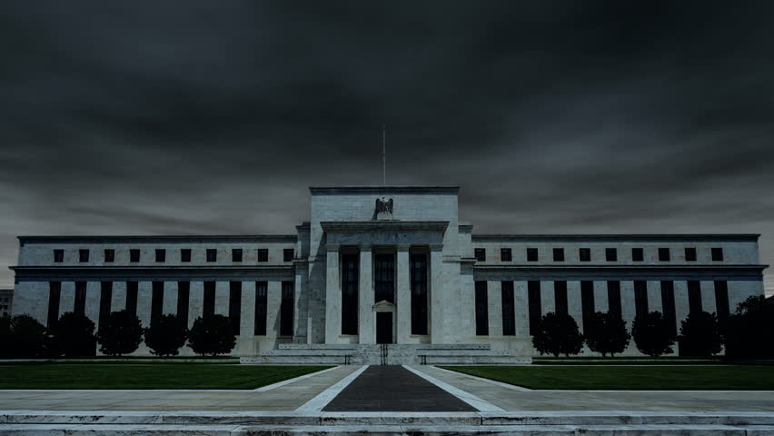 Dramatic storm clouds over the Federal Reserve Board Building in Washington D.C. Royalty-Free Stock Footage #1028572403