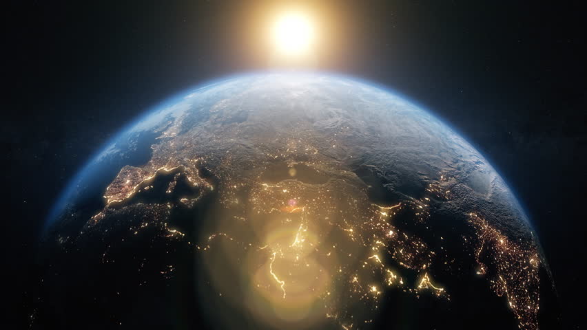 Planet earth from space. Beautiful sunrise world skyline. Planet earth rotating animation. Clip contains space, planet, galaxy, stars, cosmos, sea, earth, sunset, globe. 4k 3D Render. Images from NASA | Shutterstock HD Video #1028574710
