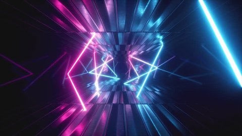 3d render, abstract metallic texture virtual reality tunnel. Futuristic motion graphic. Ultra violet neon light glow, fluorescent light. Flying forward corridor. Seamless loop 4k CG 3d animation