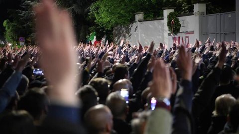 Milan, Italy - 30 April 2019: Italian far-right and neo-fascist supporters perform the fascist roman salute during the celebrations for Sergio Ramelli's death. With audio.