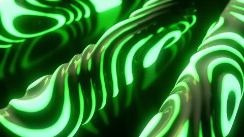 Glowing neon light shapes. Abstract background. Surface with wavy ripples. Motion design template. Cylinders with strobing curly pattern. 3d loop animation. Alien radioactive substance. 4K UHD