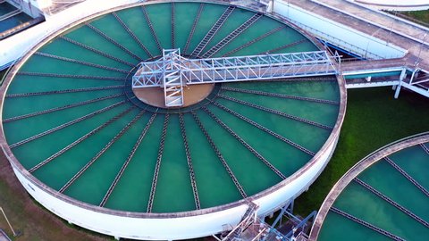 Aerial view recirculation solid contact clarifier sedimentation tank, Water treatment solution, Industrial water treatment.