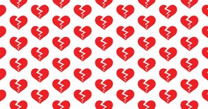 Red broken hearts background video clip motion  backdrop video in a seamless repeating loop.  Red color broken heart shape icon pattern heartbreak divorce background high definition motion video
