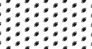 Black football icons background video clip motion backdrop video in a seamless repeating loop. Black and white illustrated footballs background sports themed high definition motion video
