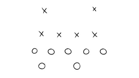 2d Animation motion graphics drawing of an American football game plan diagram of Xs and Os offensive strategy on white and green screen with alpha matte in HD high definition.