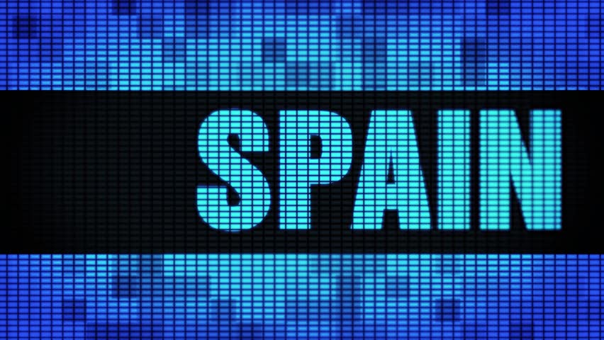 SPAIN Front Text Scrolling on Light Blue Digital LED Display Board Pixel Light Screen Looped Animation 4K Background. Sign Board , Blinking Light, Pixel Monitor . LED Wall Pannel