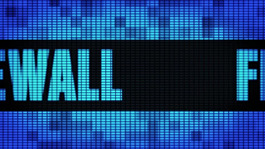 Firewall Front Text Scrolling on Light Blue Digital LED Display Board Pixel Light Screen Looped Animation 4K Background. Sign Board , Blinking Light, Pixel Monitor, LED Wall Pannel