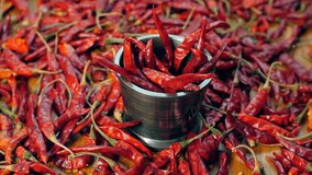 Slow motion video of chef pounding red chilies (lal mirch - Indian spice) in mortar