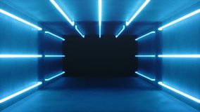Looped 3D animation, seamless abstract blue room interior with blue glowing neon lamps, fluorescent lamps. Futuristic architecture background. Box with concrete wall. Mock-up for your design project - Powered by Shutterstock - Get 15% off with code: PIKWIZARD15