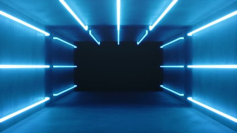 Looped 3D animation, seamless abstract blue room interior with blue glowing neon lamps, fluorescent lamps. Futuristic architecture background. Box with concrete wall. Mock-up for your design project