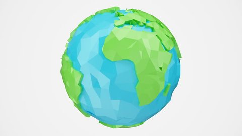 3D animation rotated low poly earth with alpha channel, globe illustration. Polygonal globe isolated on white background, low poly style animation. Rotating earth. Loop-able seamless 4K animation