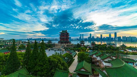 The sunset view of the three famous buildings in the south of the Yangtze River, Tengwang Pavilion, Nanchang, Jiangxi